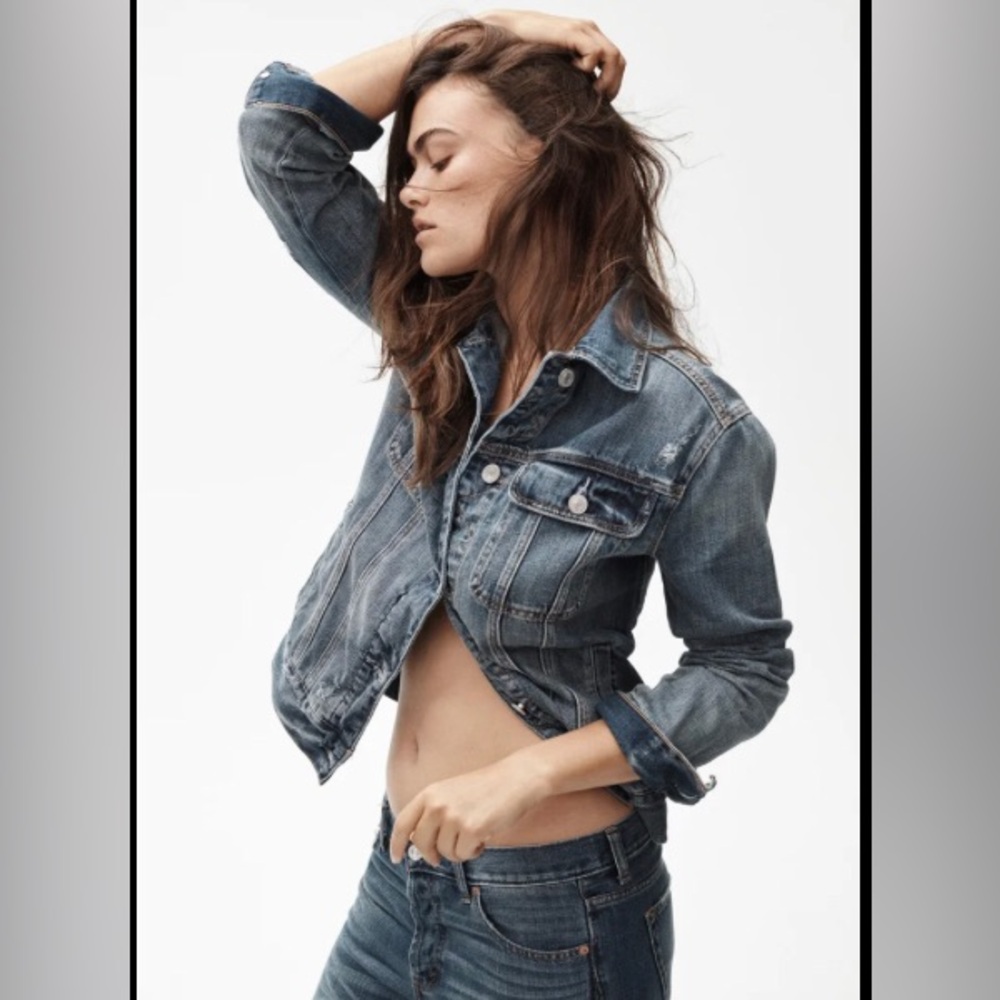 Abercrombie & Fitch Blue slight distressed Jean Jacket  has a fitted Silhouette